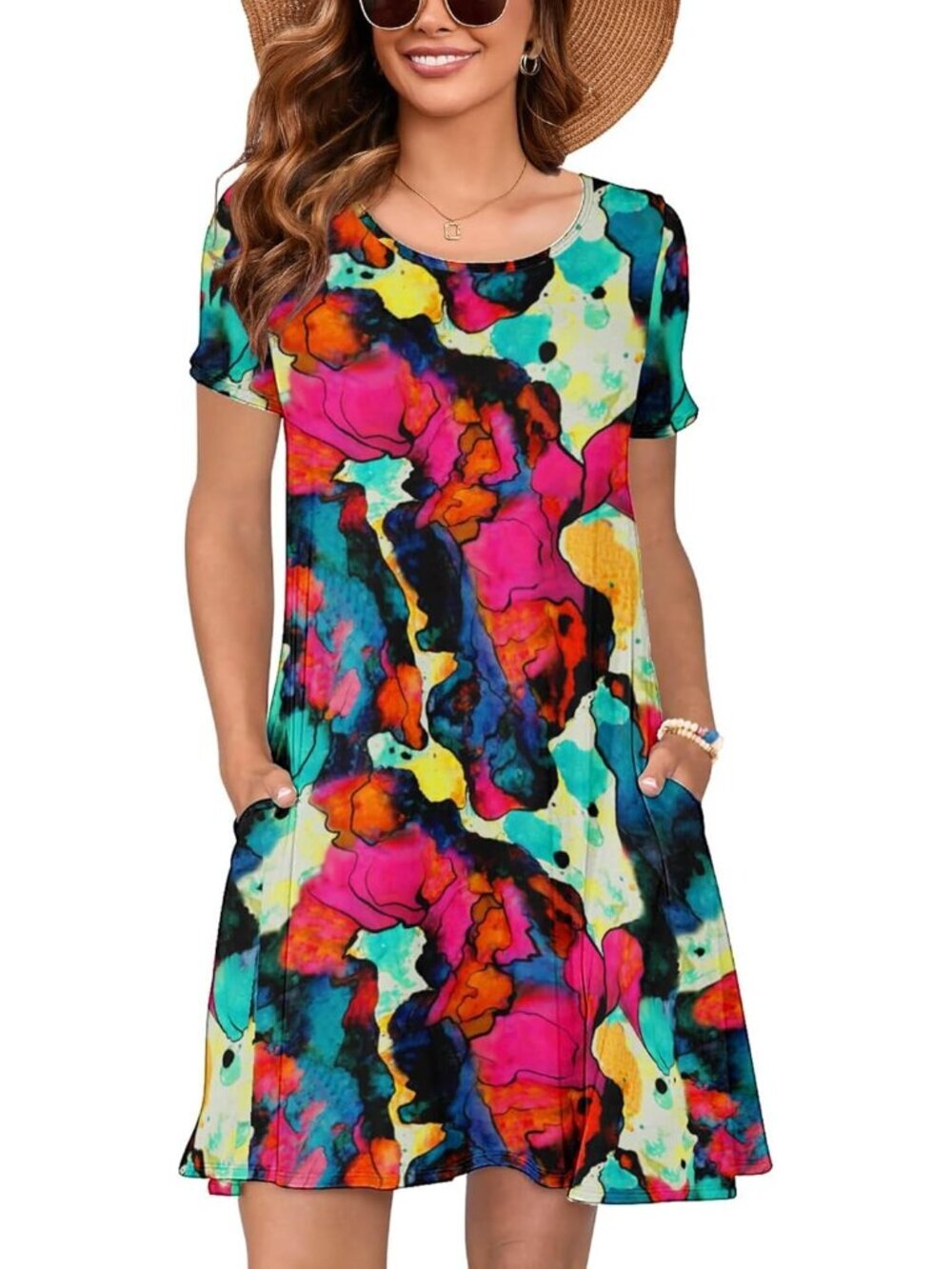 Women's Multicolour Summer Short Sleeve Crewneck Swing Dress Casual T-Shirt